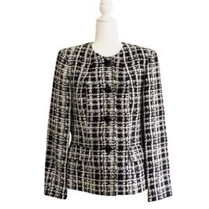 Jones Studio Blazer Jacket Separates Black White Herringbone Career Size 12